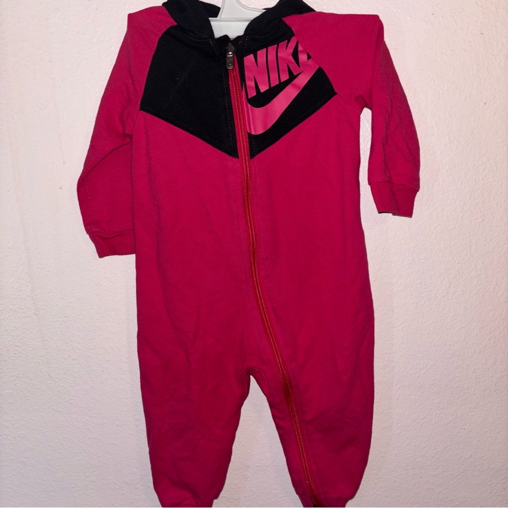 Nike Baby Pink and Black Hooded Romper, Size 12 months